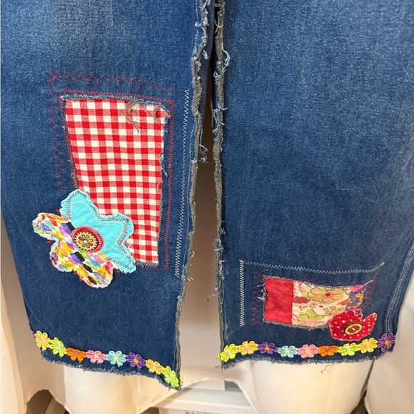 Upcycled  Denim Overalls with Colorful Patch Trim - Picture 4 of 16